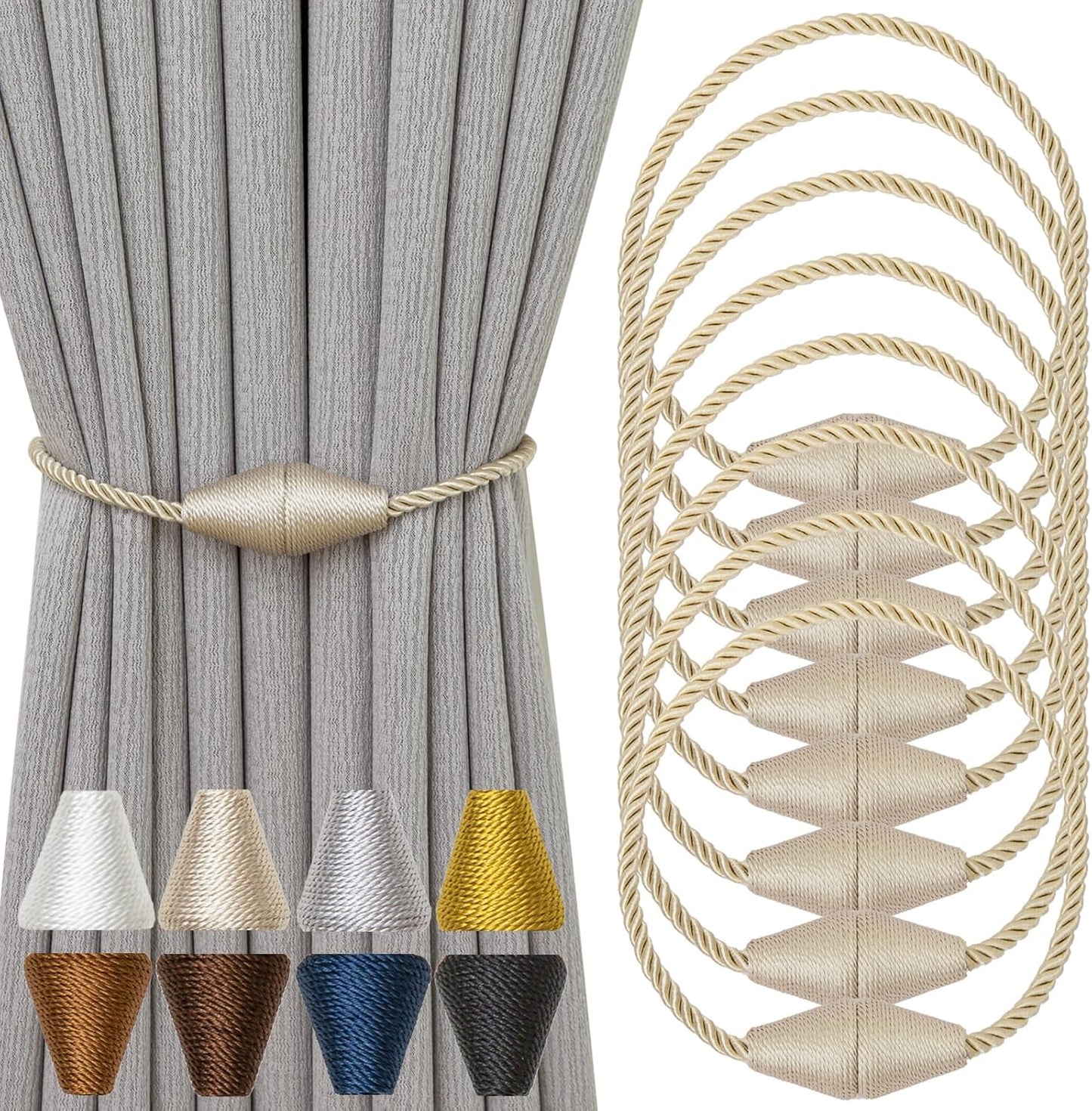 Magnetic Curtain Tiebacks 8 Pack Outdoor Rope Curtain Tie Backs Decorative Window Treatment Holdbacks for Home Decorative Curtain, Beige