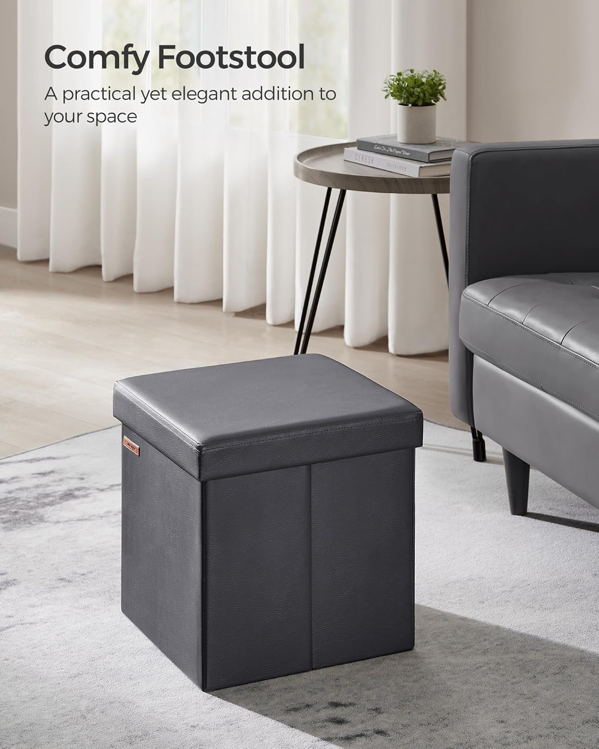 SONGMICS Mazie Collection - 15 Inches Ottoman with Storage, Footstool, Storage Ottoman, Load 660 lb, for Dorm, Living Room, Bedroom, Synthetic Leather, Dark Gray ULSF010G01