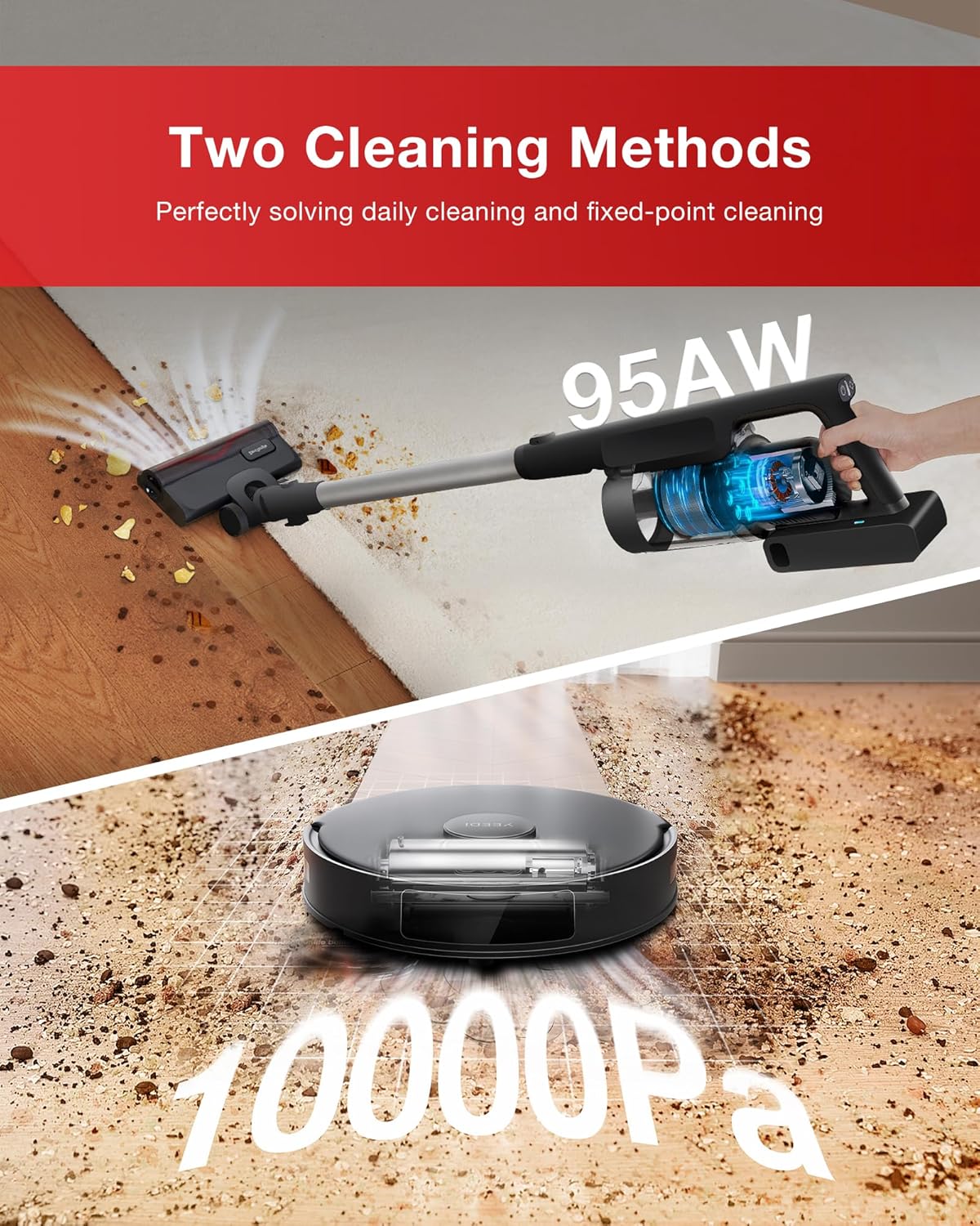 Yeedi C12 Combo Cordless Stick Vacuum & Robot & Mopping, All-in-one Cleaning Combot, with Dual Auto Self-Emptying, 10000Pa Suction & Lightweight, ZeroTangle Brush for Hard Floor, Carpet & Pet Hair