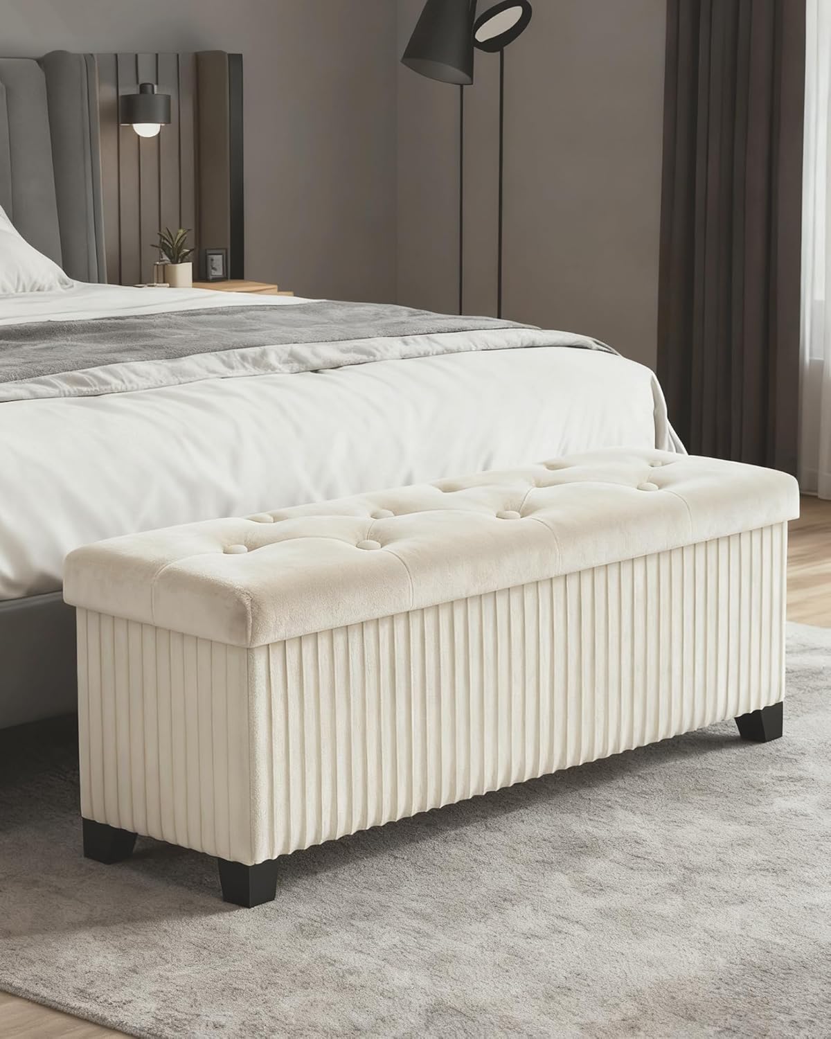 Storage Ottoman Bench, 43 Inch Foldable Ottoman with Legs, Velvet Foot Rest Stool, End of Bed Bench, Storage Chest for Living Room, Bedroom (Beige)