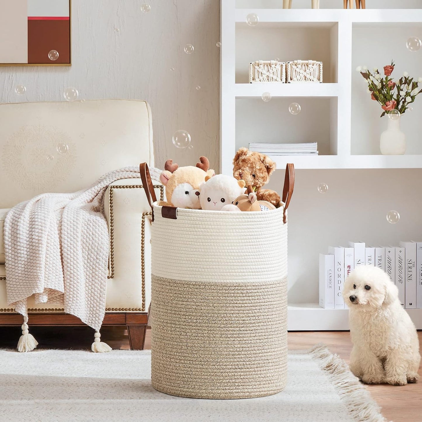 VIPOSCO Tall Laundry Basket, Large Dirty Clothes Hamper with Leather Handle, Woven Rope Storage Basket for Blanket, Toy In Living Room, Bathroom, Bedroom - 72L White & Brown