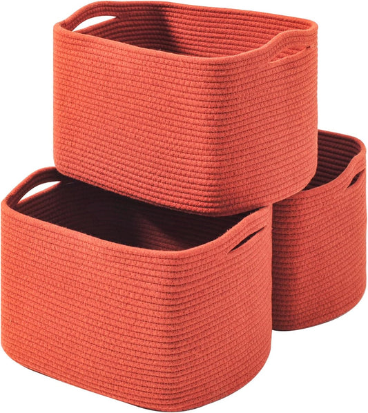 Storage Baskets for Organizing, Storage Basket for Shelves, Toy Towel Basket for Bathroom Nursery, Woven Cotton Rope Baskets for Decor, 15"x11"x9.5", 3 Packs, Brick Red