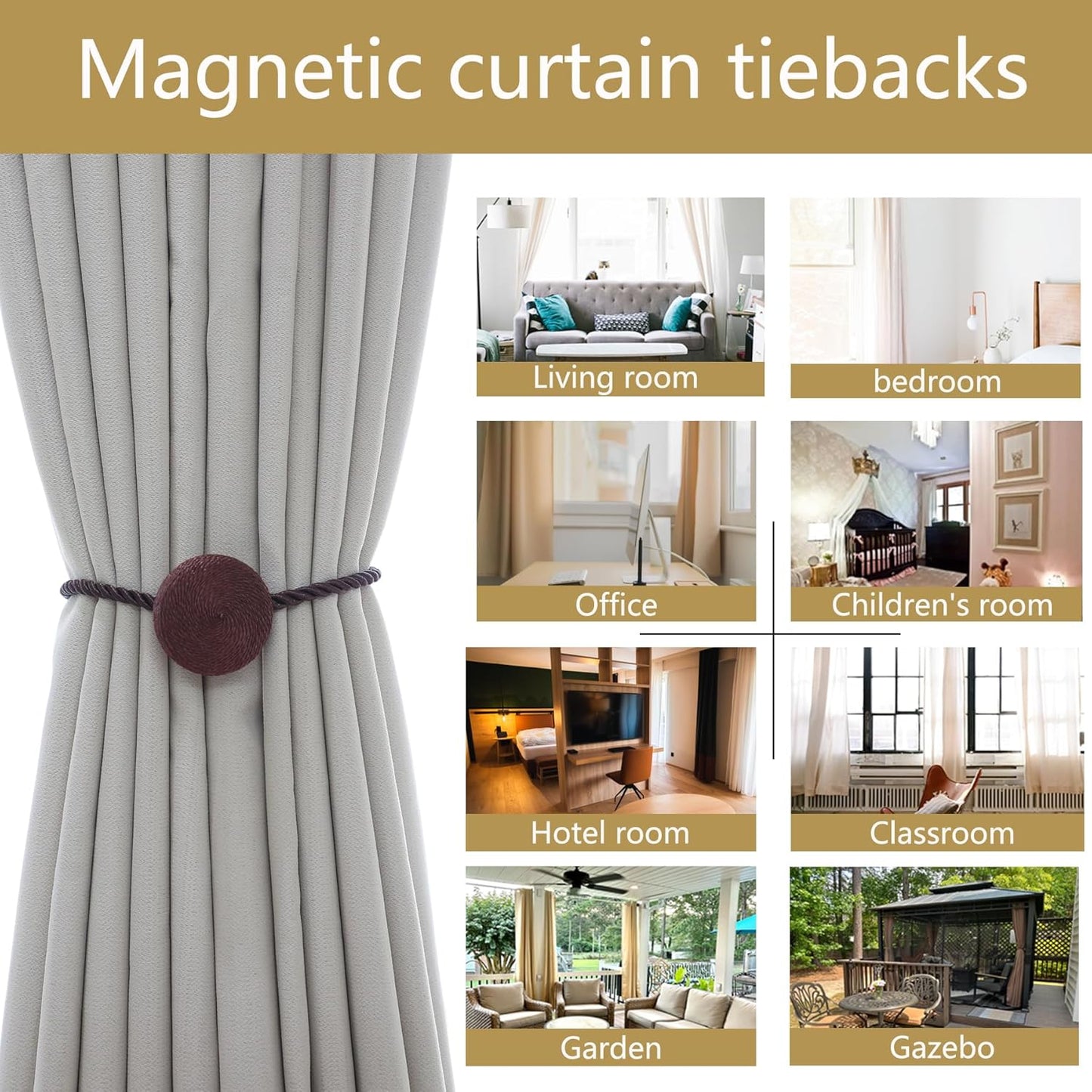 Magnetic Curtain Tiebacks - 12mm Magnetic Tie Backs for Curtains, Heavy Duty No Drill Curtain Holdbacks for Home/Office Windows Drapes, Elegant Gift-Ready Design 7 Colors (2, Coffee)