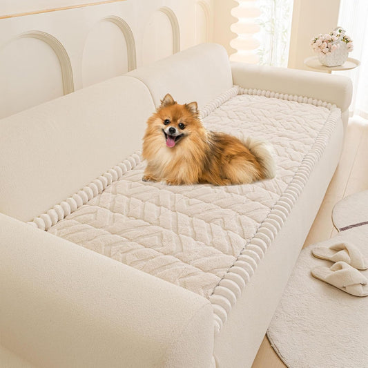OTOB Couch Cover for Dogs Washable Pet Friendly, Non Slip Plush Funny Fuzzy Loveseat Sofa Cushion Slipcovers, All Seasons Geometric Jacquard Soft & Cozy Pet Bed Mat Protector (White, 27.6" x 47.2")