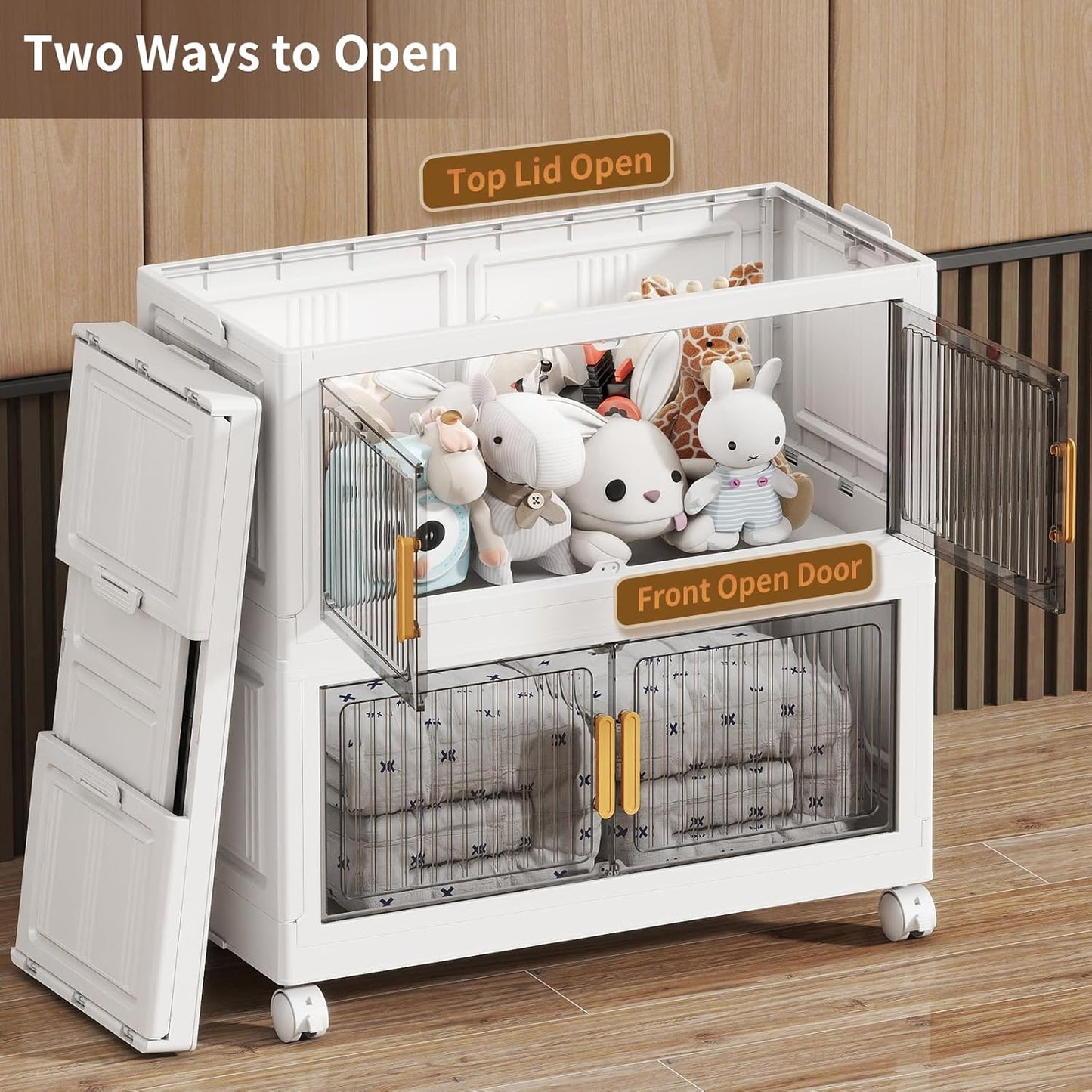 80Gal Stackable Plastic Storage Bins with Lids, Collapsible Closet Organizers and Storage with Wheels for Living Room,Office,Dorm 26.8" W x 14.4" D x 48.6" H, 4 Tier