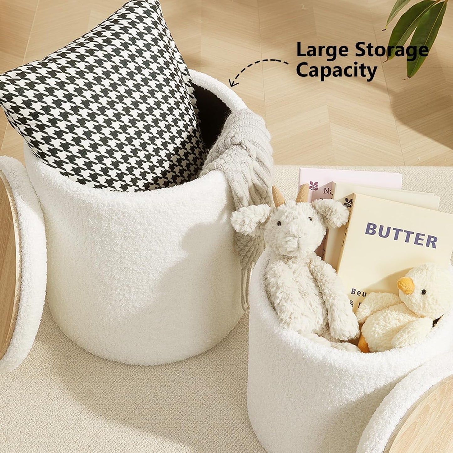 Boucle Round Ottoman with Storage Set of 2,Small Foot Stool Ottoman for Living Room, Small Coffee Table,Vanity Stool with Storage for Bedroom, White