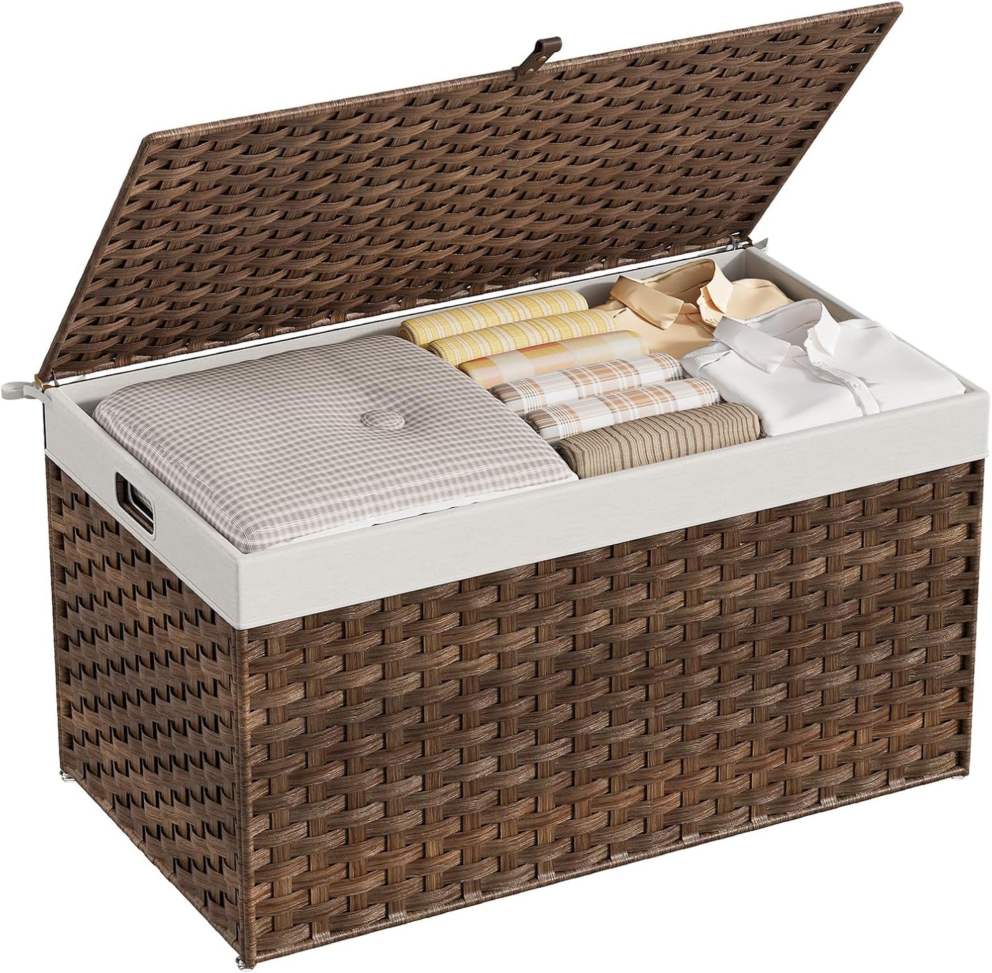 HOOBRO Storage Basket with Lid, 42.3 Gallon (160L) Wicker Basket, Handwoven Blanket Storage Basket with Handles, Metal Frame and Soft Lining, Foldable for Bedroom, Laundry Room, Brown BR216CW01