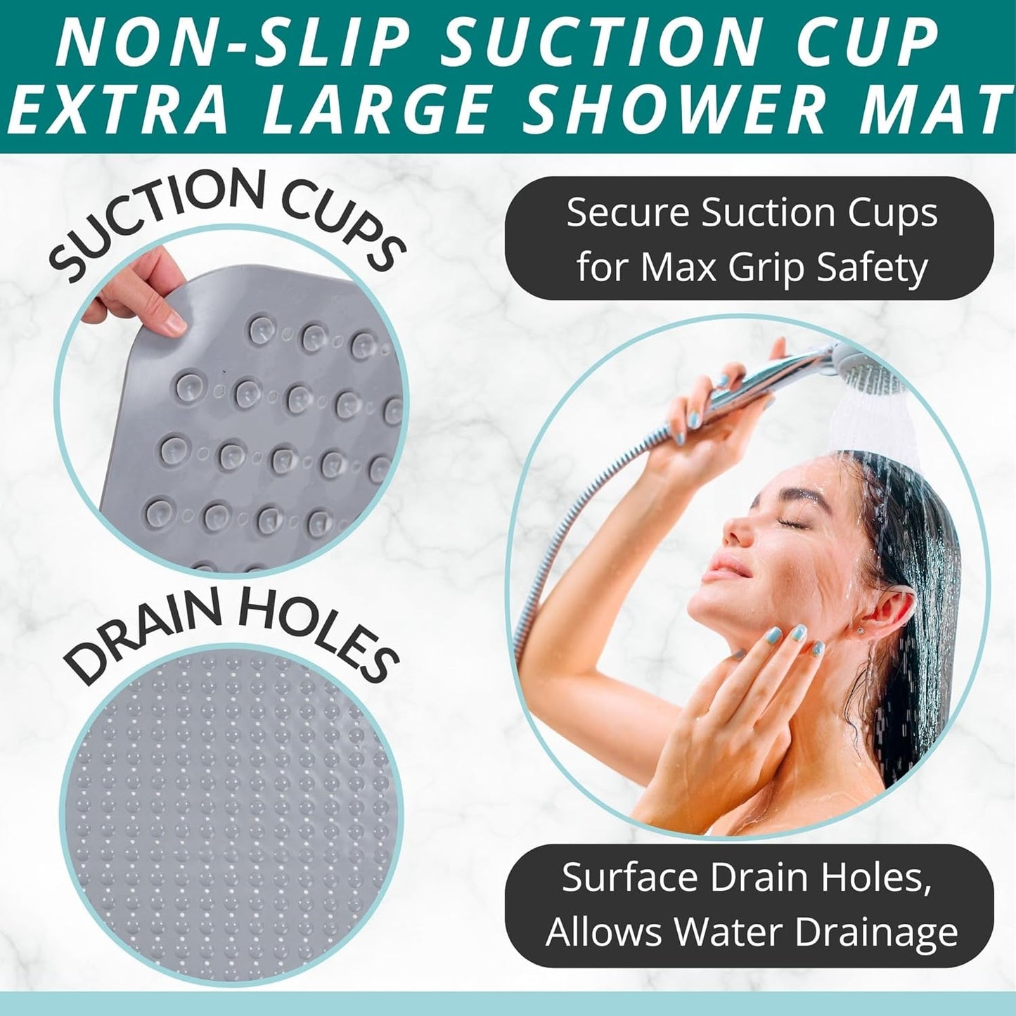 ENKOSI Extra Large Square Non Slip Shower Mat - 31 x 31-inch XL Bathroom Shower Mat - Square Shower Matts for Shower Stall Floors - Secure Suction Cups and Drain Holes (31x31 Grey)