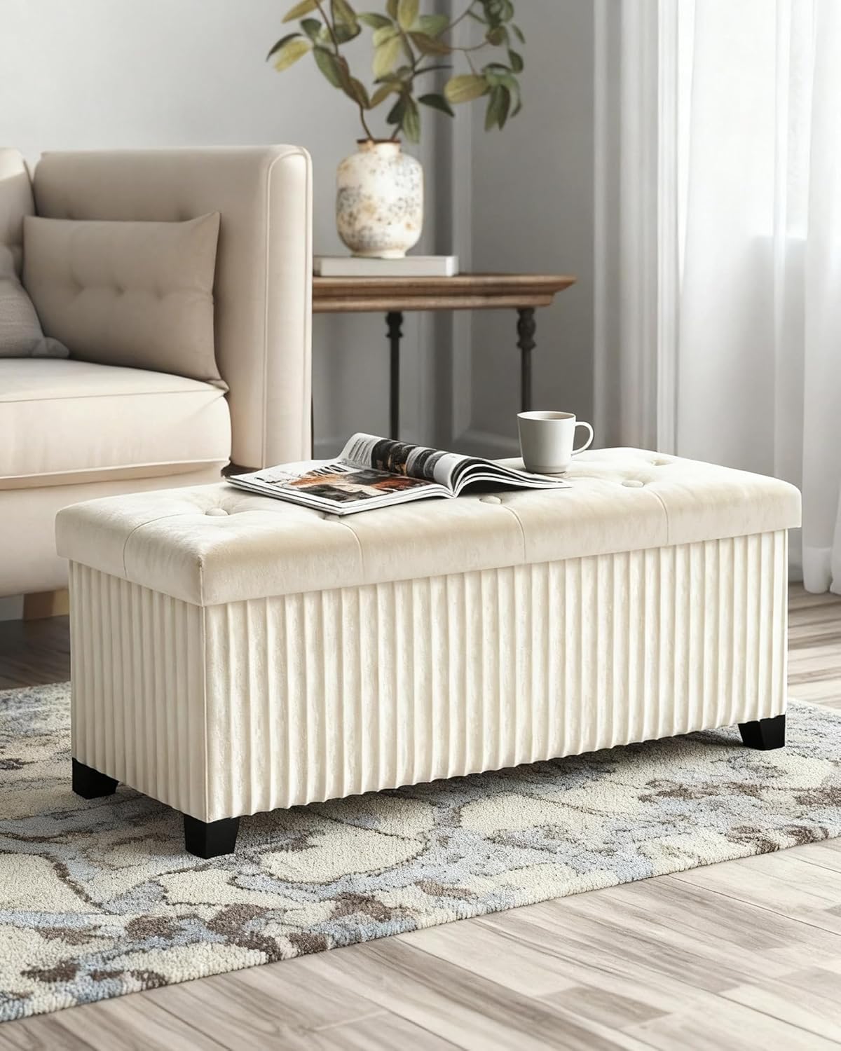 Storage Ottoman Bench, 43 Inch Foldable Ottoman with Legs, Velvet Foot Rest Stool, End of Bed Bench, Storage Chest for Living Room, Bedroom (Beige)