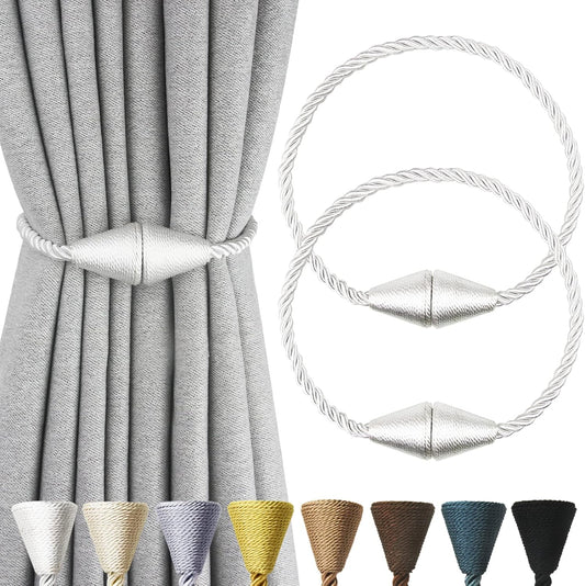 2 Pack Magnetic Curtain Tiebacks Rope Modern Handmade Curtain Tie Backs Decorative Drapes Weave Holdbacks for Window Décor, Silver