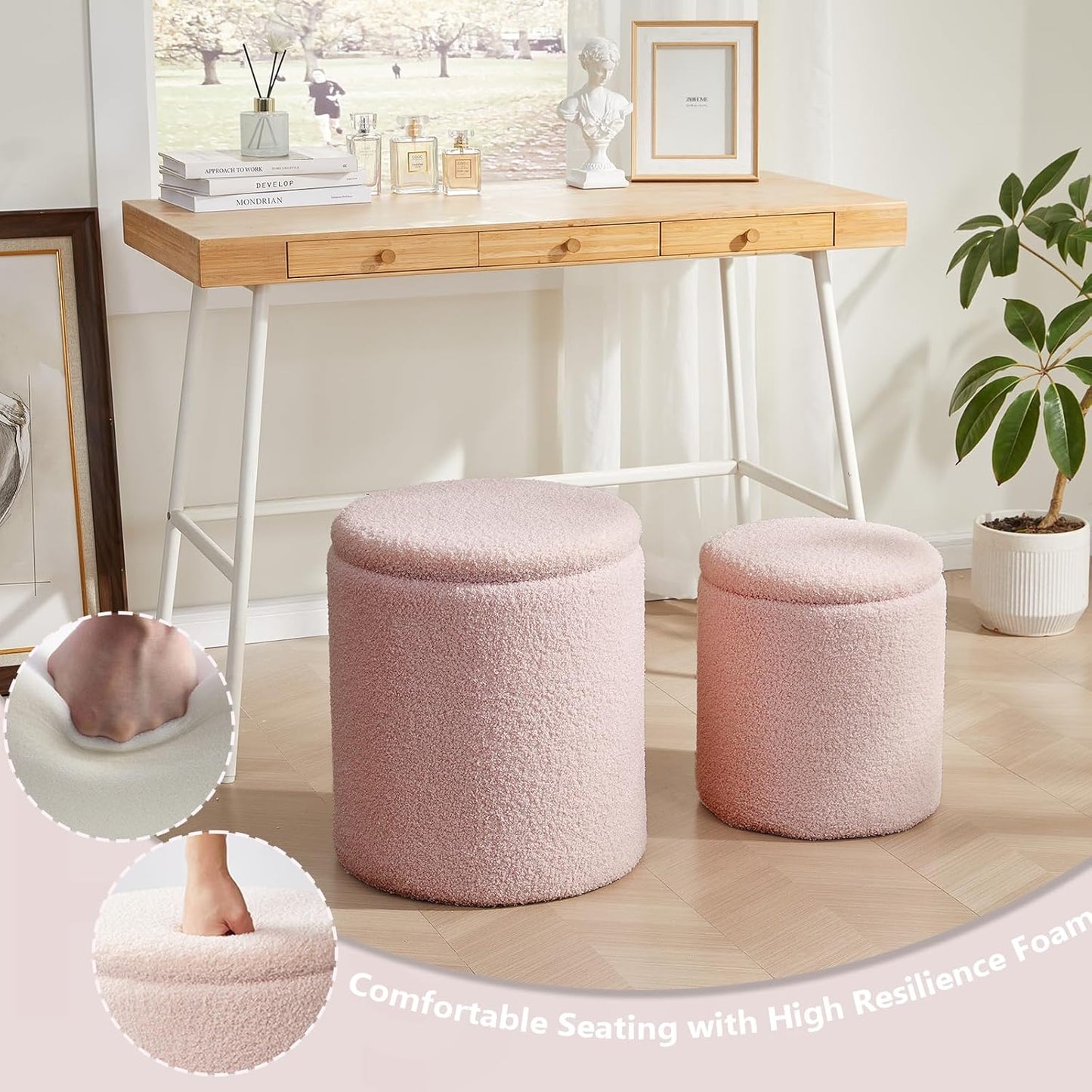 Boucle Round Ottoman with Storage Set of 2,Small Foot Stool Ottoman for Living Room, Small Coffee Table,Vanity Stool with Storage for Bedroom, Pink