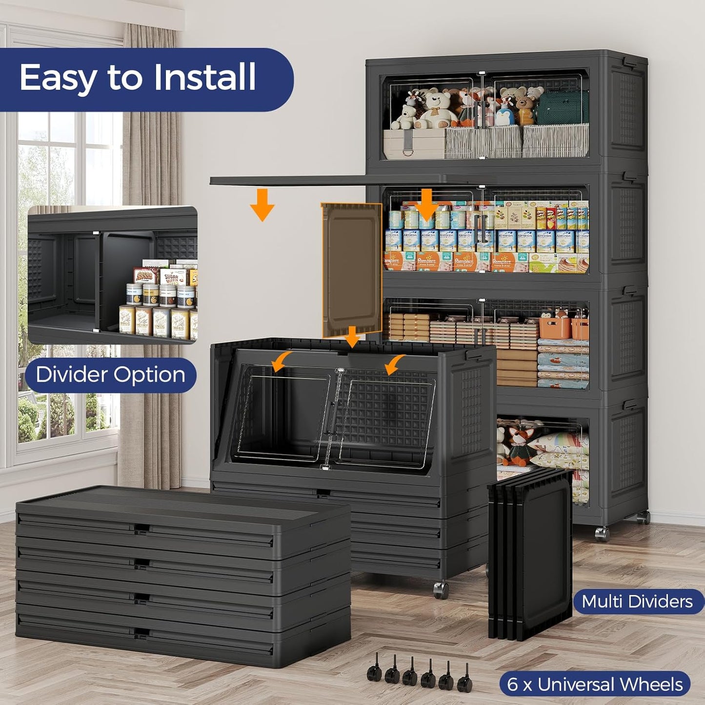 160GAL Storage Bins with Lid and Wheels, Stackable Closet Organizers and Storage Drawer, Collapsible Storage Box with Dividers, Foldable Plastic Cabinets Cubes Totes for Garage, 4 Pack Black