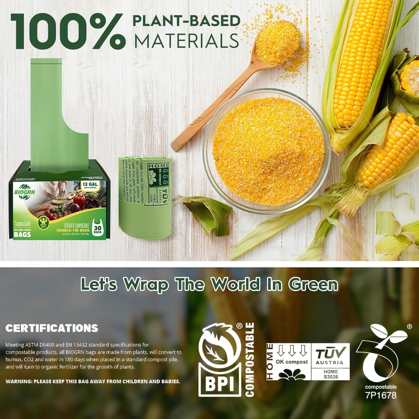 10-13 Gallon Compostable Trash Bags with Handles 30 Bags compost bags Food Scrap Green Waste Bags Thick 0.87 Mil 49.21 Liter ASTM D6400, US BPI and OK Compost Home Certified