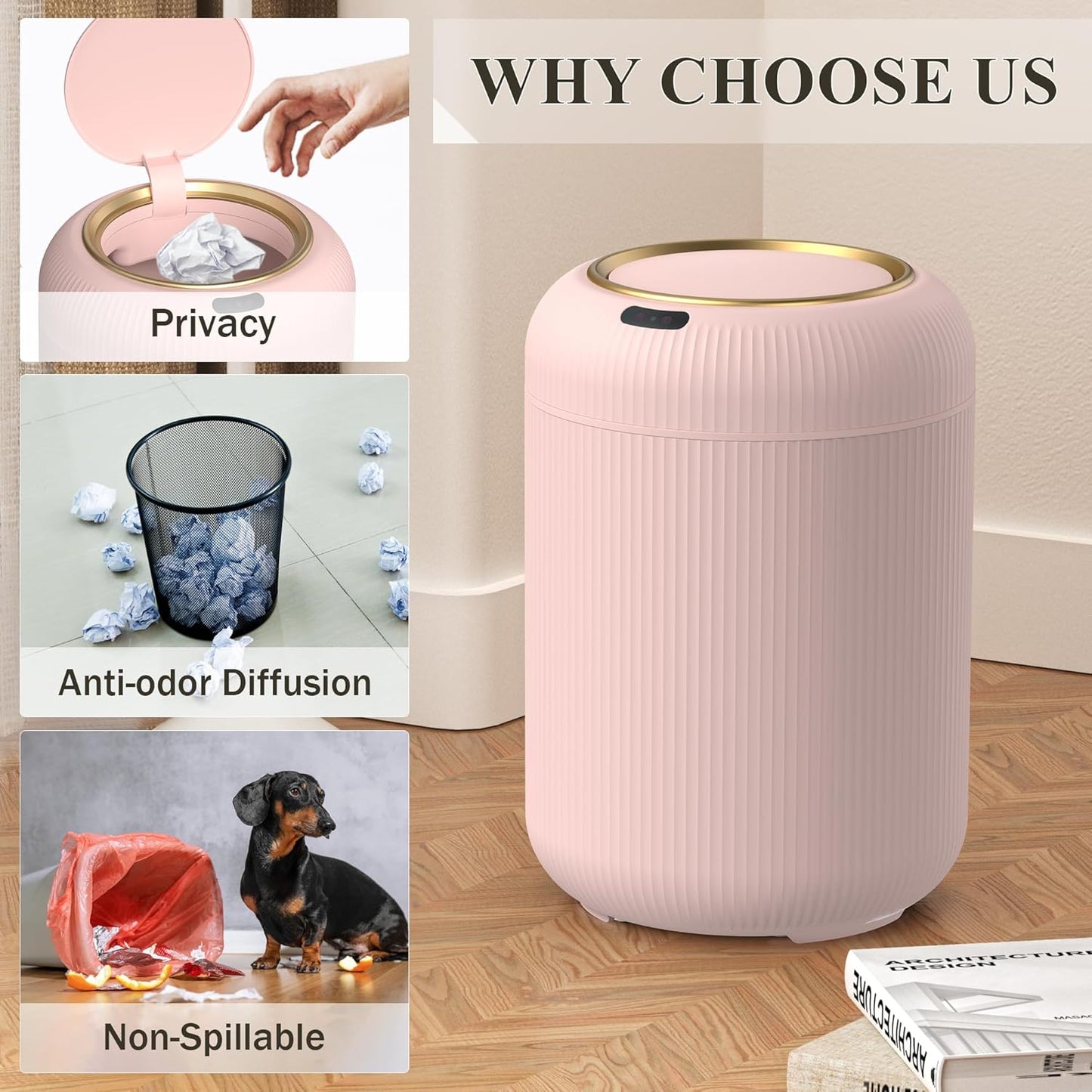 Smart Bathroom Trash Can with Lid，3 Gallon Bathroom Garbage Can Automatic Touchless，Motion Sensor Trashcan, Baby Diaper Trash Bin, Mini Pink Waste Basket for Bedroom, Kitchen, Restroom, Office