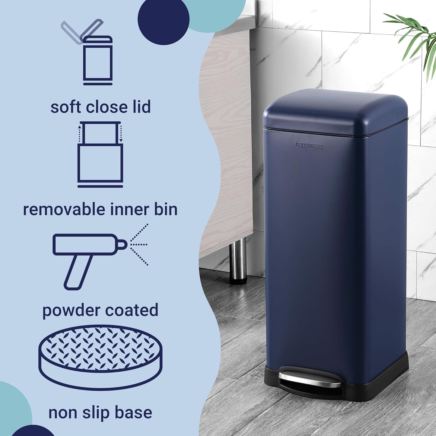 happimess HPM1007H Betty Retro 8-Gallon Step-Open Trash Can, Fingerprint Resistant, Modern, Minimalistic for Home, Kitchen, Laundry Room, Office, Bedroom, Bathroom, Denim Blue