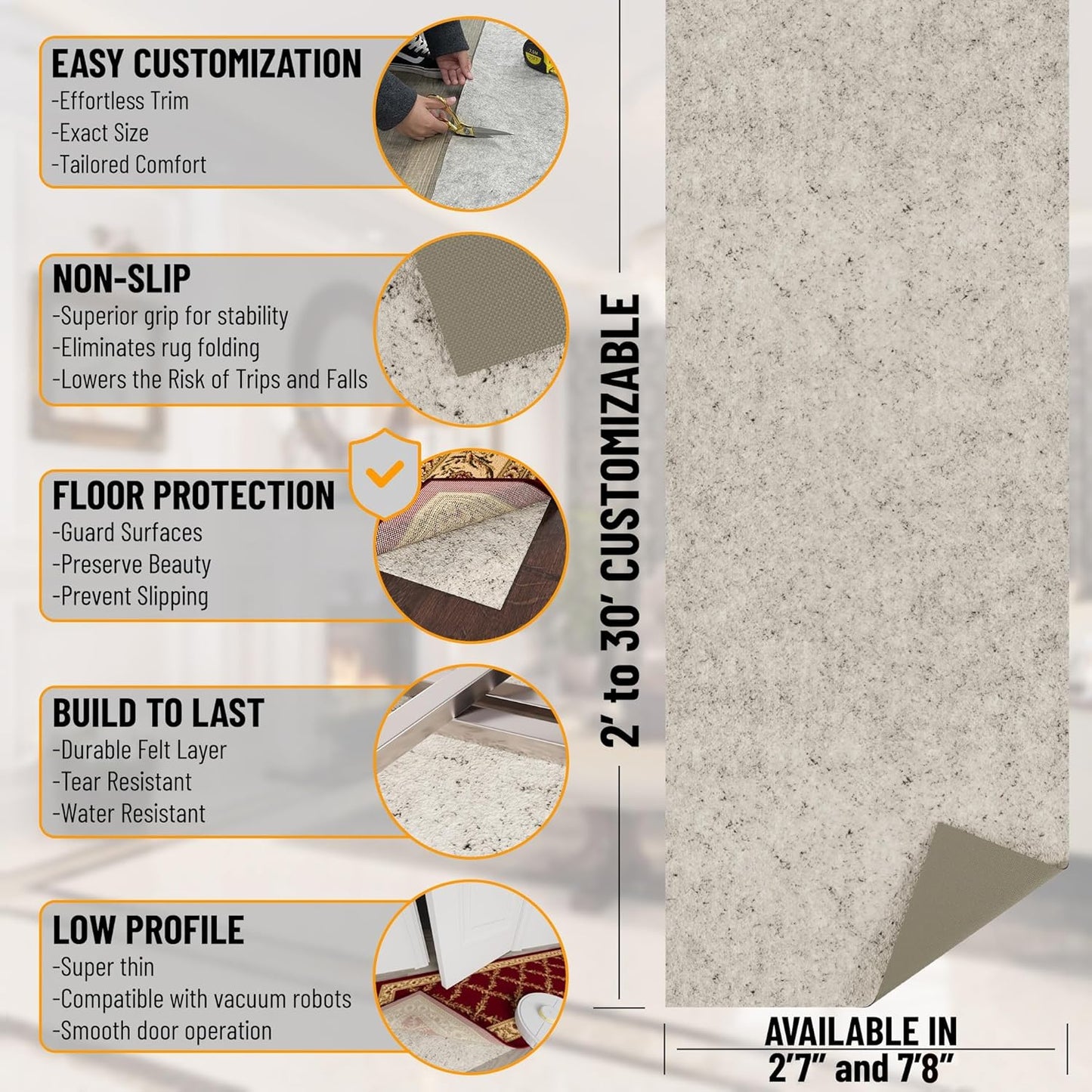 Ottomanson 7'8" x 11' Non-Slip Rug Pad Gripper 1/12 Inch Ultra Thin Dual Surface Felt + Rubber Gripper - Safe for All Floors, Cream