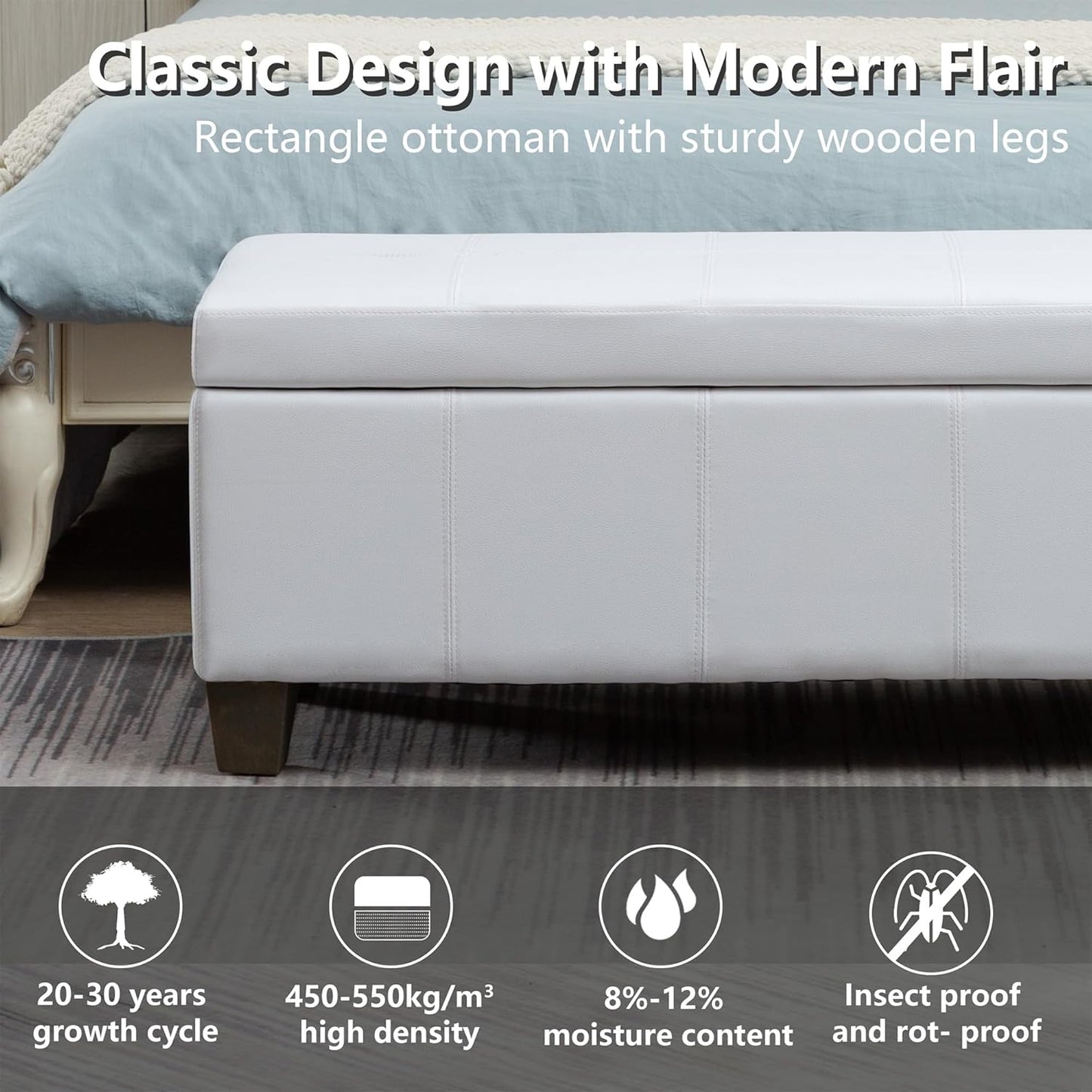 White Faux Leather Ottoman with Storage, Rectangular Extra Long Storage Bench for Bedroom and Living Room