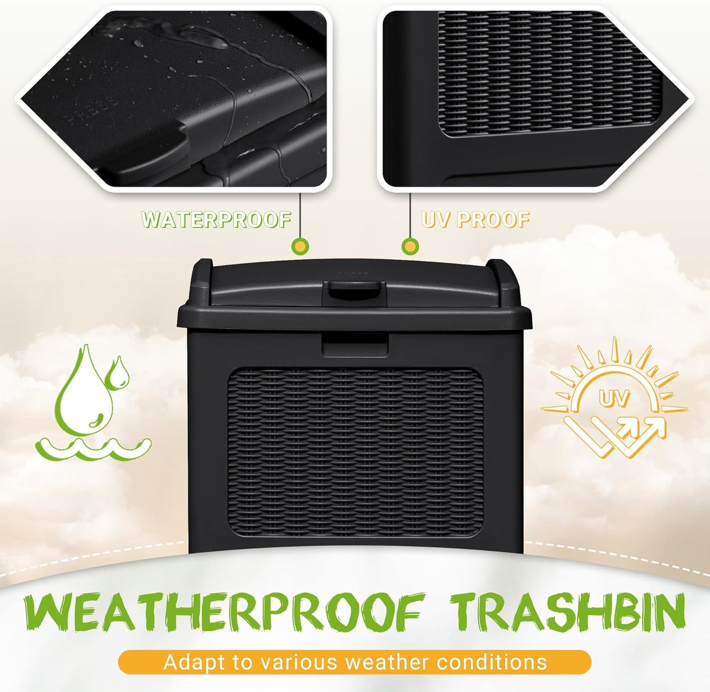 YESHOMY 2 Pack Outdoor Trash Can with Lid, Garbage Bins for Garden, Porch, Home and Kitchen, Black