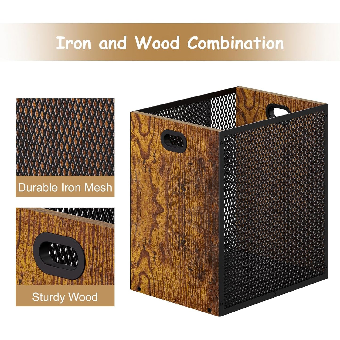 Retro Office Trash Can, Iron and Wood Combination Bedroom Garbage Can, Rectangular Design Wastebasket with Handle, Industrial Style Trash Can for Home Office, 11.02" X 7.87" X 11.81" 4.5 Gallon (2)