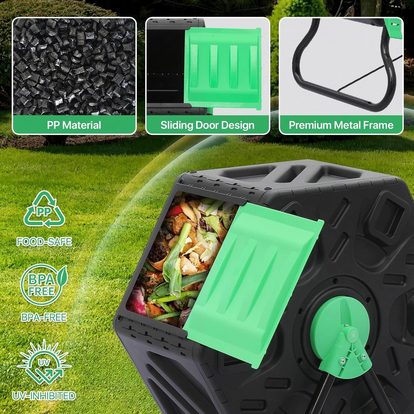 Athena Collection Compost Tumbler, 17 Gallon Single Chamber Outdoor Rotating Composter Bin with Gloves, Easy-Turn BPA-Free Plastic Compost Barrel for Backyard Garden, Patio, Kitchen Food Waste