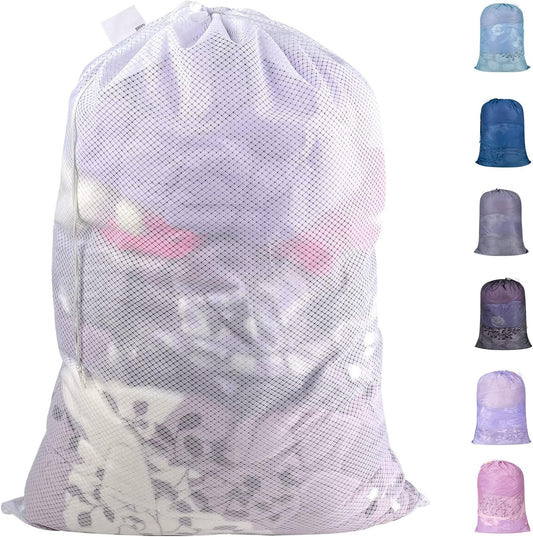 Polecasa Extra Heavy Duty Large Diamond Mesh Laundry Bags with Drawstring Closure & ID Tag, 24 x 36 inches Washable Storage Bag, Laundry Accessory for Hamper, College, Travel, Sports, Dorms, White
