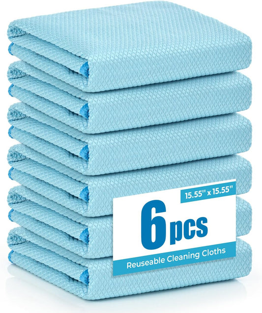 Nanoscale Microfiber Cloths 15.55”x 15.55”, Glass Window Mirror Stainless Steel Car Cleaning, Streak-Free, Lint-Free, Super Thick & Absorbent, Reusable, 6 Pack (Blue)