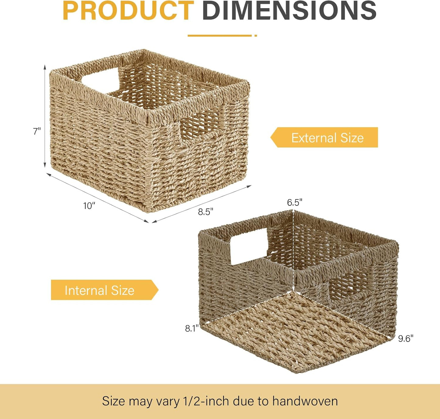 Seagrass Wicker Basket, Decorative Woven Baskets with Built-in Handles, Hand-woven Storage Organizer for Organizing Pantry, Shelves, Laundry, Livingroom, Bedroom, Toilet(2-PACK, Natural)