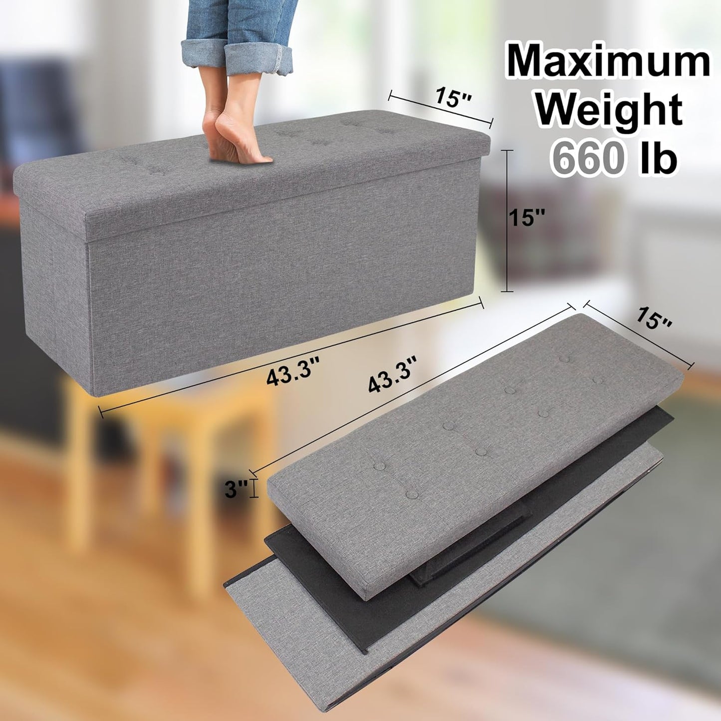 GLAXYFUR 43 Inches Folding Storage Ottoman Bench, Storage Chest, Footrest for Entryway, Living Room, Holds up to 660 lb, Light Grey