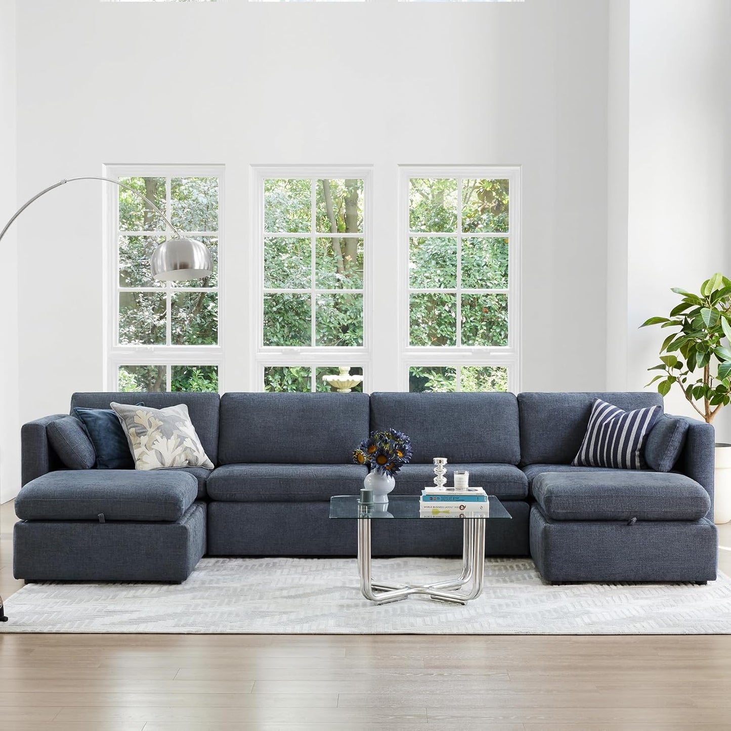 CHITA Oversized Modular Sectional Fabric Sofa Set, FSC Certified Extra Large U Shaped Couch Reversible Chaise Modular Sectional Couch,146 inch Width,6 Seat Modular Sofa with Storage Ottomans, Blue