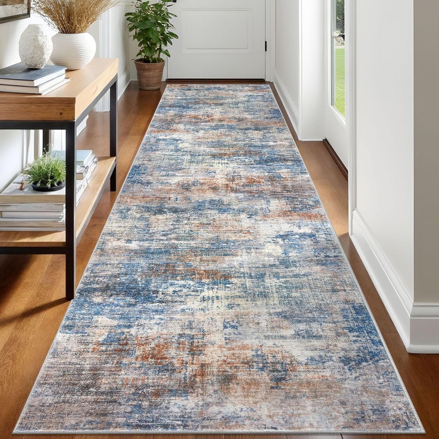 IOHOUZE Abstract Runner Rug 3x12 Ft Washable Runners for Hallways, Non Slip Kitchen Runner Printed Faux Wool Entryway Runner Indoor, Modern Abstract Floor Carpet for Hall Kitchen, Blue Rust