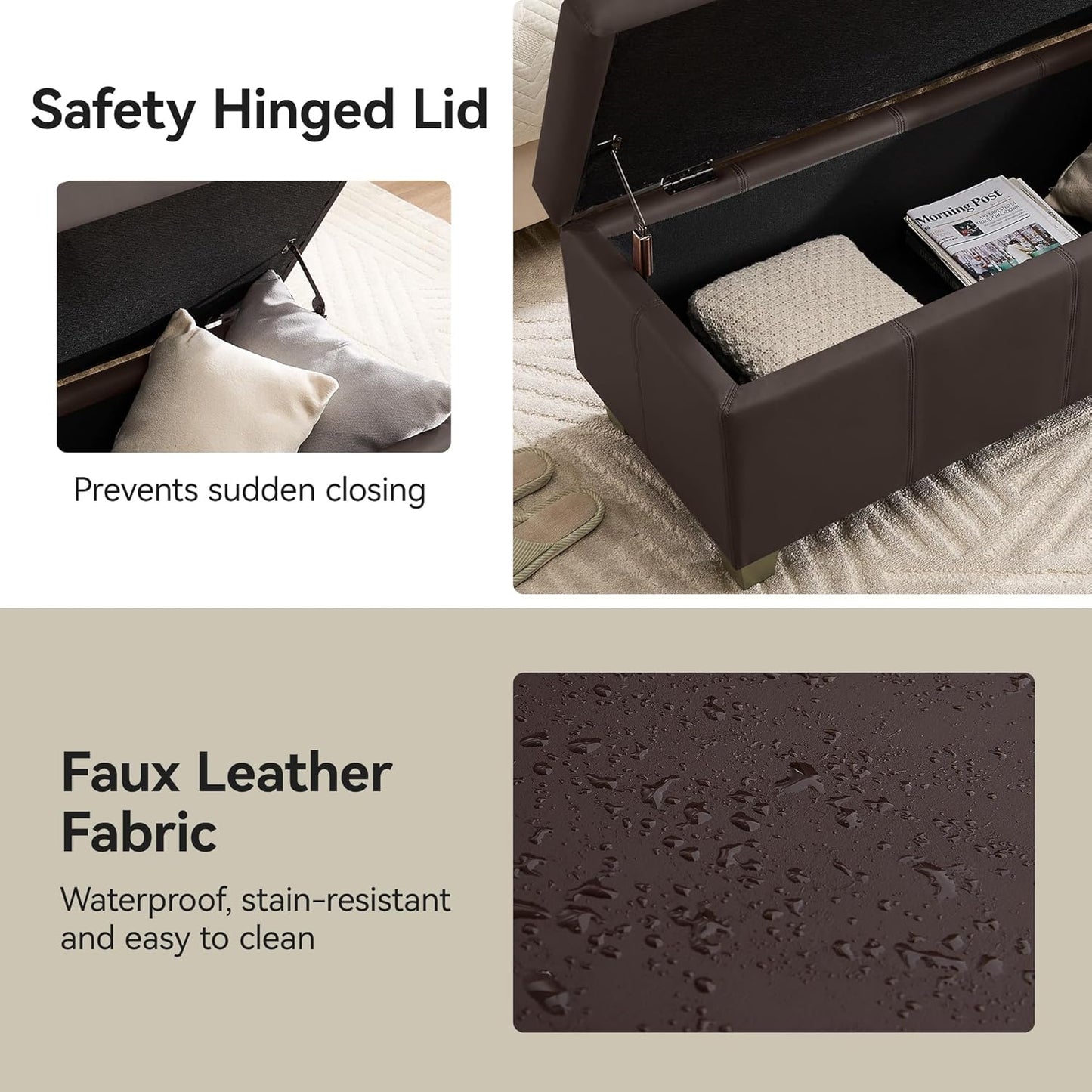 51" Faux Leather Storage Ottoman, Stitch Tufted Rectangle Upholstered End of Bed Storage Bench, Entryway Large Couch Ottoman with Wooden Legs,Brown