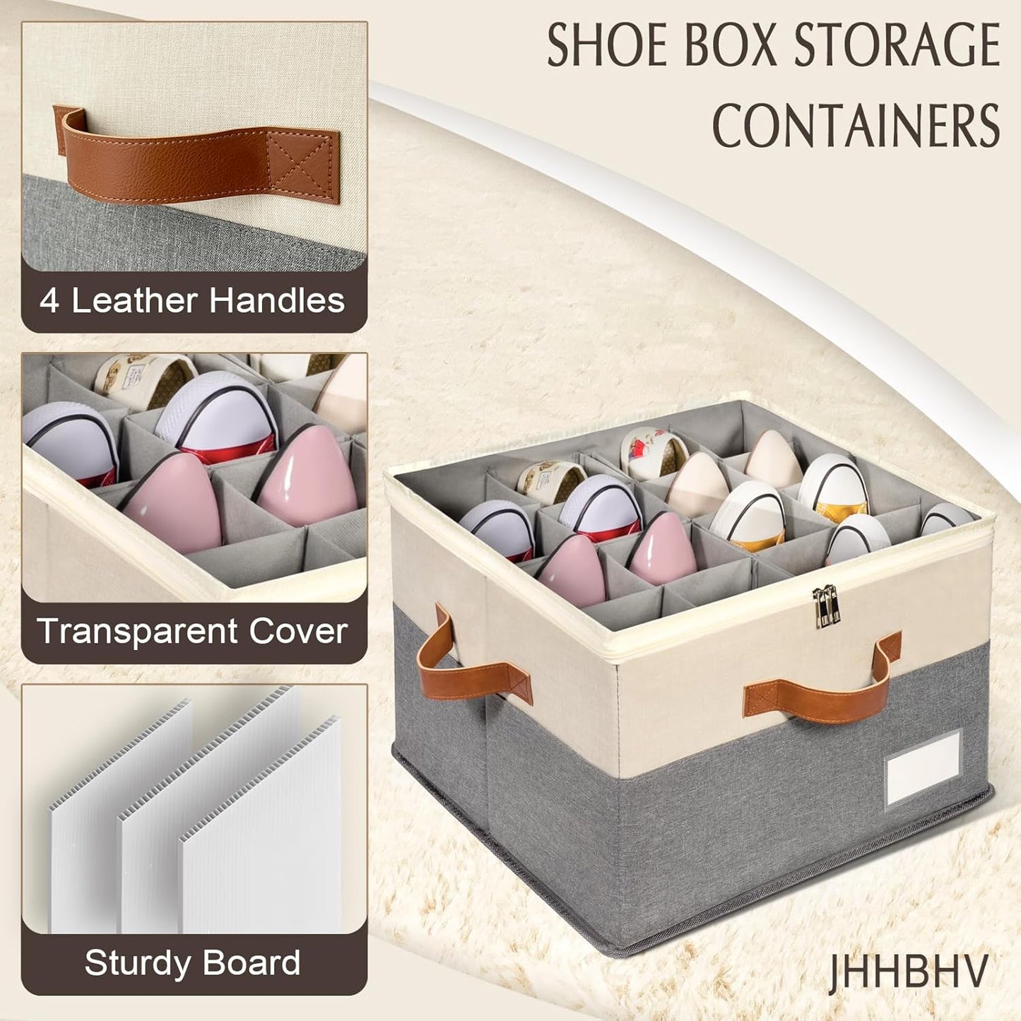 1 Pack Shoe Organizer for Closet, Adjustable Shoe Box Storage Containers, Large Foldable Shoe Bins with Clear Cover, Space Saving Shoes Holder with 4 Handles, Fits 8-16 Pairs, Beige