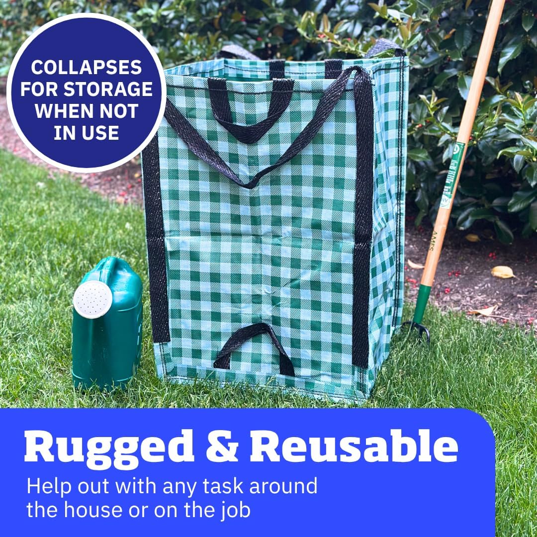 DURASACK Heavy Duty Home and Yard Bags 48-Gallon Reusable Self-Standing Lawn and Leaf Bags Garbage Can with Reinforced Handles, Gingham Green, 3 Pack