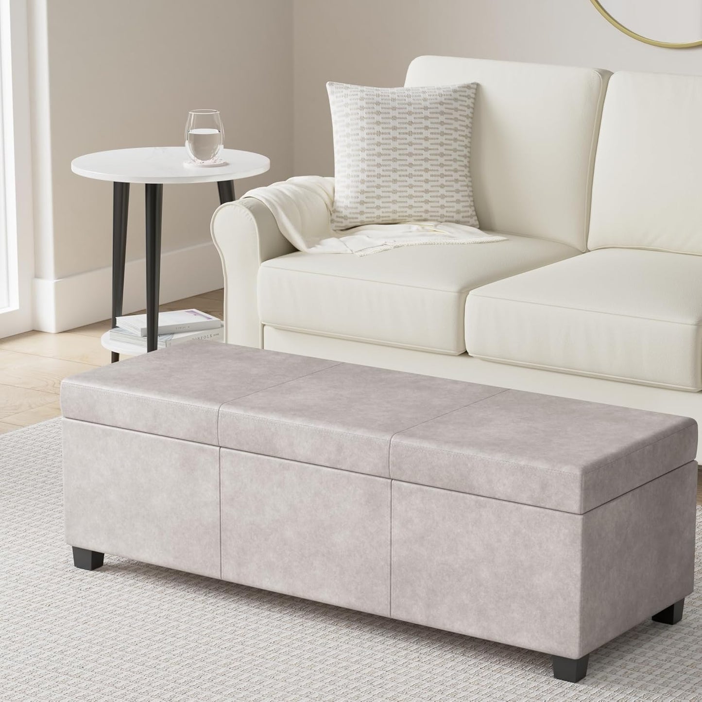 SIMPLIHOME Avalon 48 inch Wide Contemporary Rectangle Storage Ottoman Bench in Distressed Grey Taupe Vegan Faux Leather, Assembled, for the Living Room, Entryway and Family Room