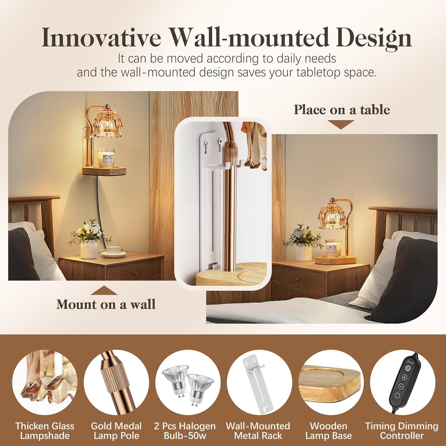 Candle Warmer Lamp with Timer Dimmer, Modern Wax Warmer for Scented Wax Jar Candle Warmer with 2 Bulbs, Adjustable Height Glass Lamp for Gifts for Women, House Warming Gifts, Home Decor, Gold Amber