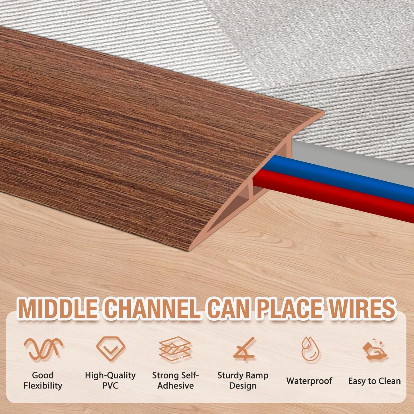 Floor Transition Strip Self Adhesive Vinyl Door Threshold for Doorways Carpet Edging Trim Overlap Edge Reducer for Laminate Floor, Carpet, Tile (Light Brown Wood Grain, 1/5" to 2/5", 3.3Ft)