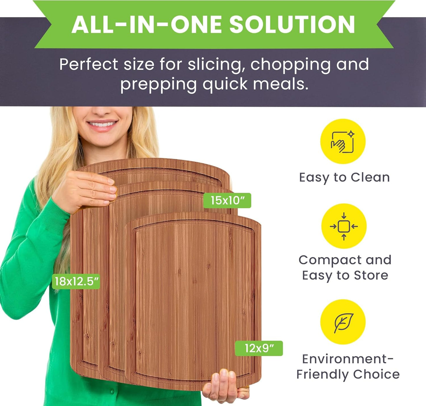 Bamboo Wooden Cutting Board Set of 3 - Used to Chop Veggies, Carve Meat, Present Charcuterie at Mealtime Prep and Family Gatherings - Ideal for Professional and Busy Home Chefs - Dark