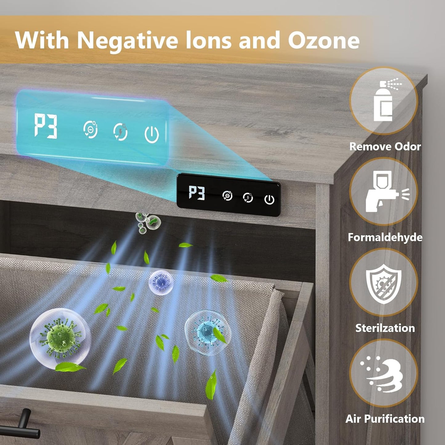 Tilt Out Trash Can Cabinet for 2 Bins, Hidden Recycle Garbage Bin Enclosure, Wooden Double Laundry Cabinet with Odor Control, Negative Ion & Ozone, for Kitchen, Bathroom, Laundry Room