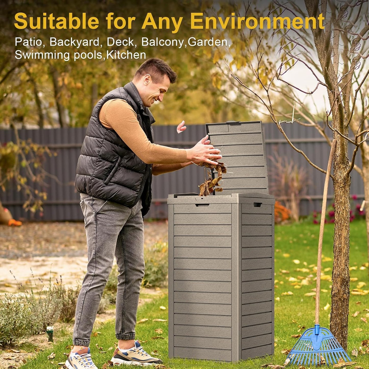 31-Gallon Outdoor Trash Can with lid, Waterproof, UV-Resistant Resin Garbage Can, Lockable Lid and Drip Tray, Animal-Proof, for Patio, Kitchen, Backyard and Deck