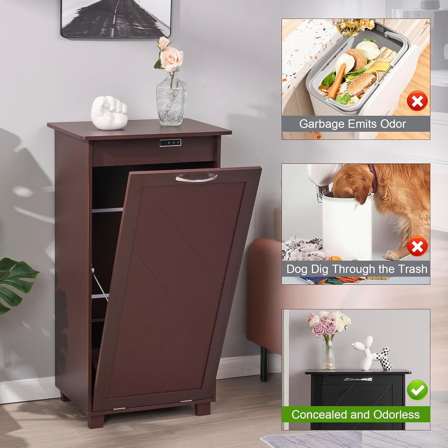 VECELO Tilt Out Kitchen Trash Bin Cabinet, Dog Proof Garbage Can with Wood Holder Free Standing Recycling, Brown