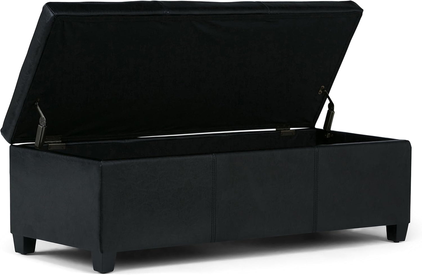 SIMPLIHOME Avalon 48 inch Wide Contemporary Rectangle Storage Ottoman Bench in Midnight Black Vegan Faux Leather, Assembled, for the Living Room, Entryway and Family Room