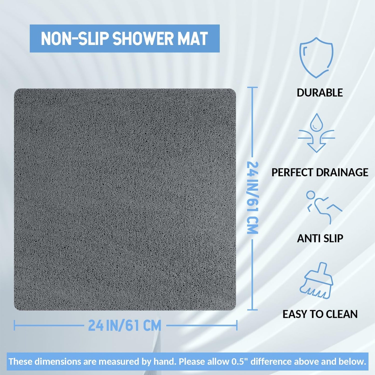 Non Slip Shower Mat, Anti Slip Bath Mat, Quick Drying Bath Tub Mats, Foot Scrubber Mat, Anti Slip Mat for Tub, Floor, Bathroom, Home, Kitchen, Hotel (Grey 24”x24”)