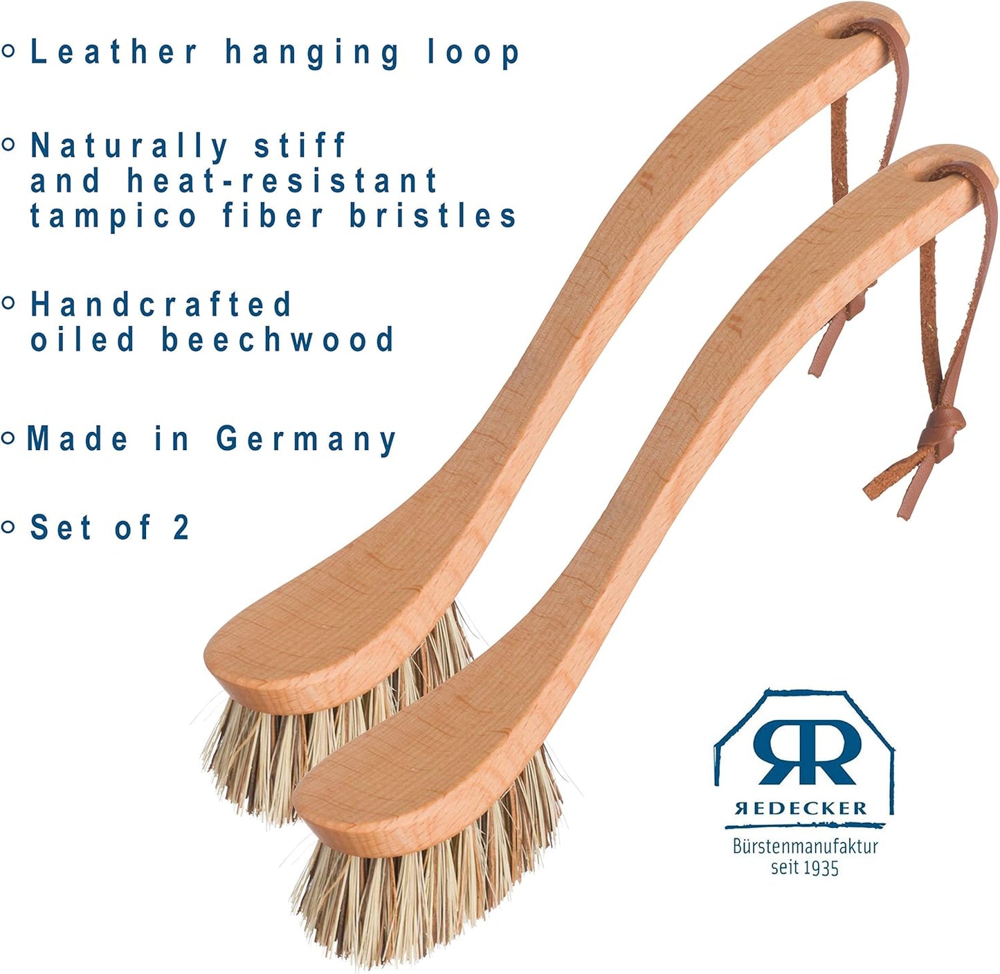 REDECKER Curved Dish Brush, Natural Union Plant Fiber Bristles, Ergonomic Design with Oiled Beechwood Handle, 9-1/4 Inches, Set of 2, Made in Germany - Natural Bristle Dish Brush