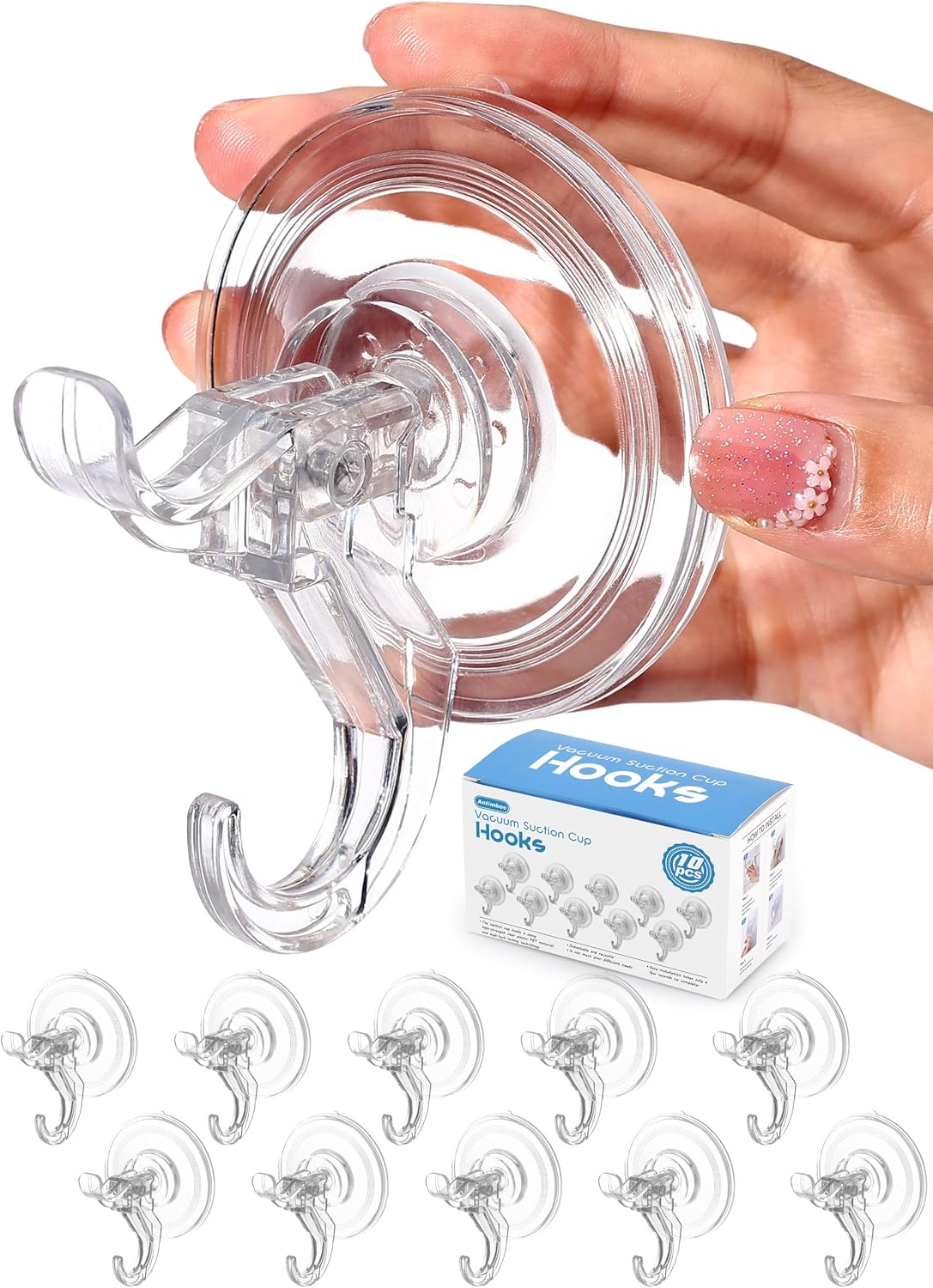 Antimbee Suction Cup Hooks, 10 Pack Reusable Suction Cup Hangers, Removable Small Suction Cups with 2 Hooks for Shower, Bathroom, Glass, Door, Windows, Kitchen, Up to 11 lbs on Smooth Surface