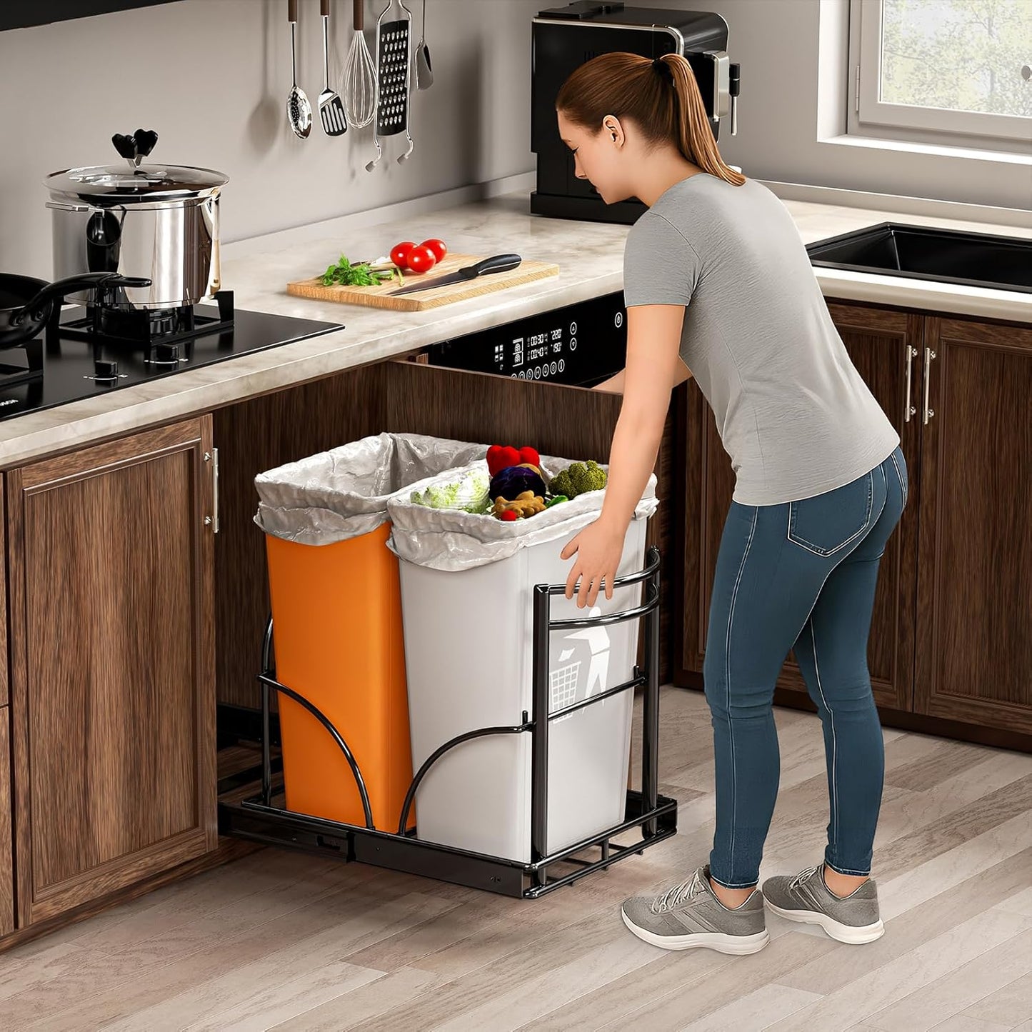 ANASTA Dual Pull Out Trash Can Under Cabinet Rack-No Can Included, Under Sink Trash Can Pull Out Fits Double 7-9 Gal/35 Qt*2 Commercial Trash Bin, Cabinet Garbage Can Required ≥16''Wx 17''Hx 22" D