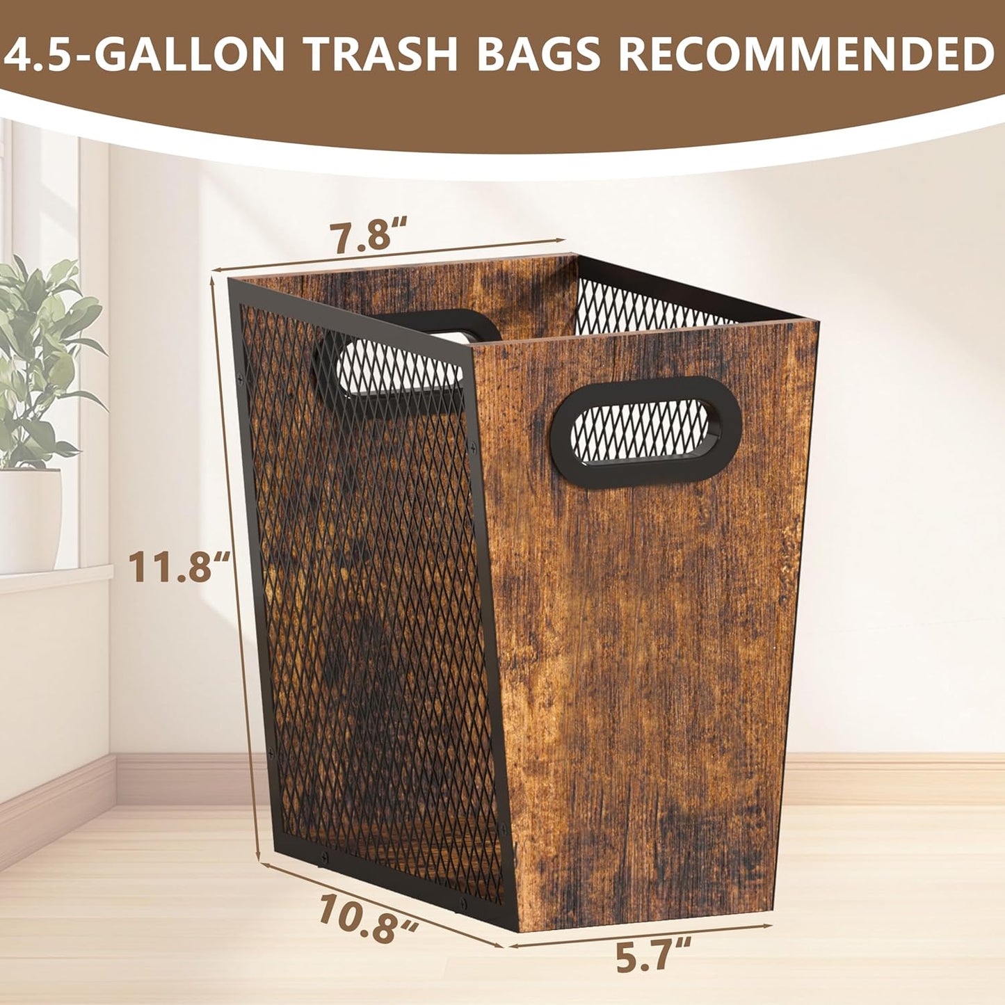 Piskyet Rustic Office Trash Can for Near Desk, 4.5 Gallon Unique Wood Bedroom Garbage Can,Vintage Wastebasket with Handle, Decorative Trash Can for Home Office,10.8" L x 7.8" W x 11.8" H