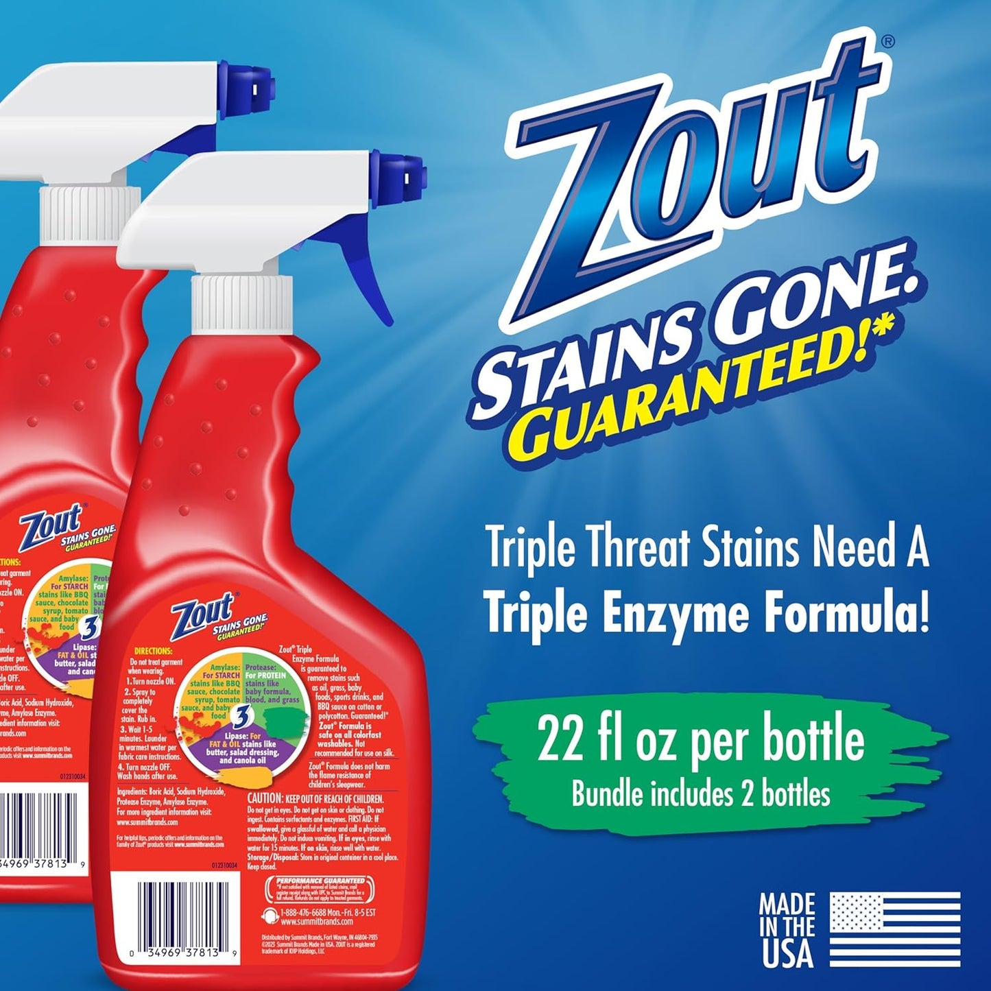 Zout Laundry Stain Remover Spray, Triple Enzyme Formula, 22 Ounce Bottles, 2-Pack