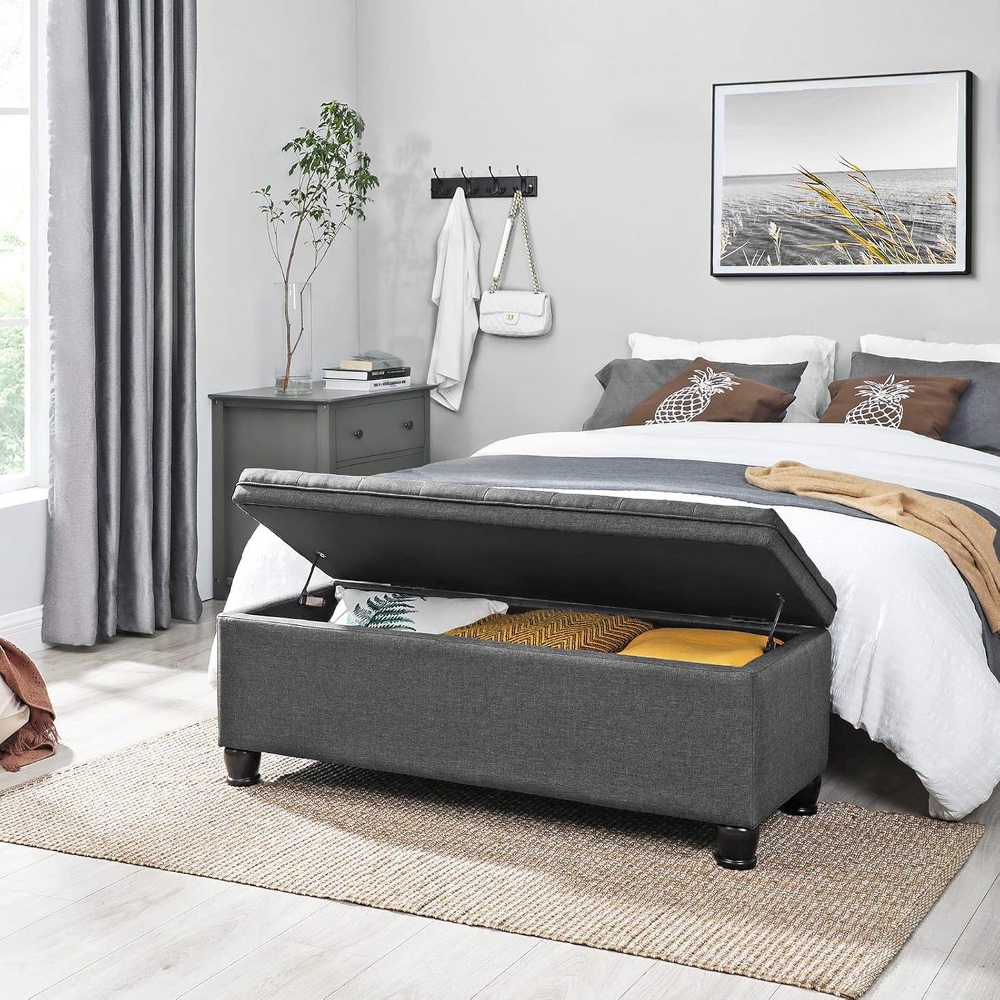 SONGMICS Storage Ottoman, Storage Bench, Tufted Entryway Bedroom Bench, 17.7 x 46.5 x 17.7 Inches, Hinges Easy Lid Operation, Wooden Legs, Linen-Look Cover, Loads 330 lb, Dark Gray ULOM070G01