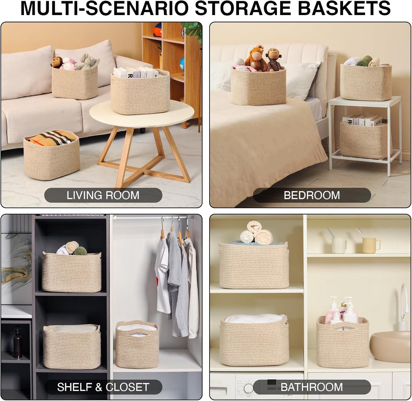 Decorative Storage Baskets for Organizing Shelves, Toy Basket for Nursery, Woven Cotton Rope Baskets for Decor, Towel Basket for Bathroom, 15"x11"x9.5", 3 Packs, Brown