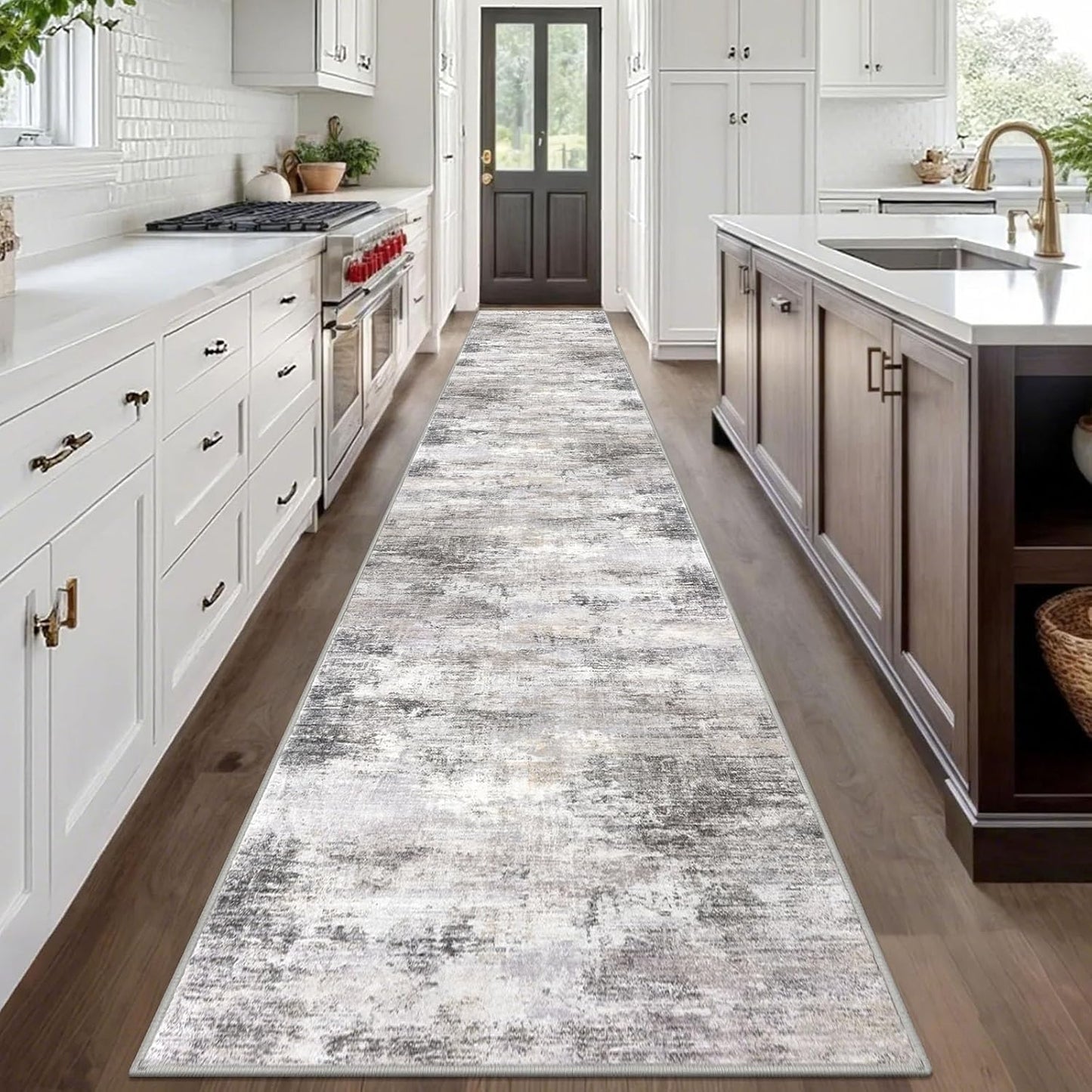 IOHOUZE Abstract Runner Rug 3x20 Ft Extra Long Washable Runners for Hallways, Non Slip Kitchen Runner Printed Faux Wool Entryway Runner Indoor, Modern Abstract Floor Carpet for Hall Stair, Grey Beige